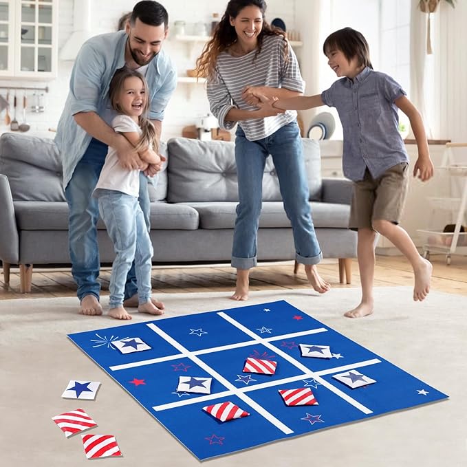 Vanblue 4th of July Tic Tac Toe Bean Bag Toss Game - Giant 3FT Felt Board with 10pcs Red & Blue Bean Bags - Outdoor & Indoor Family Fun Game Set