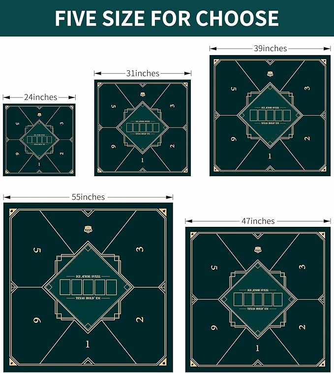 nuveti 24/31/39/47/55 inch Square Foldable 6-Player Texas Poker Card Tabletop Layout Portable Anti-Slip Rubber Board Game Mat Texas Hold'em Poker Mat for Family Game, Casino, Party