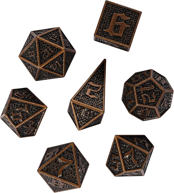 UDIXI Metal DND Dice Maze Carved D&D Dice Set 7PCS Copper Metal Dice with Leather Pouch for Dungeons and Dragons Role Playing Games