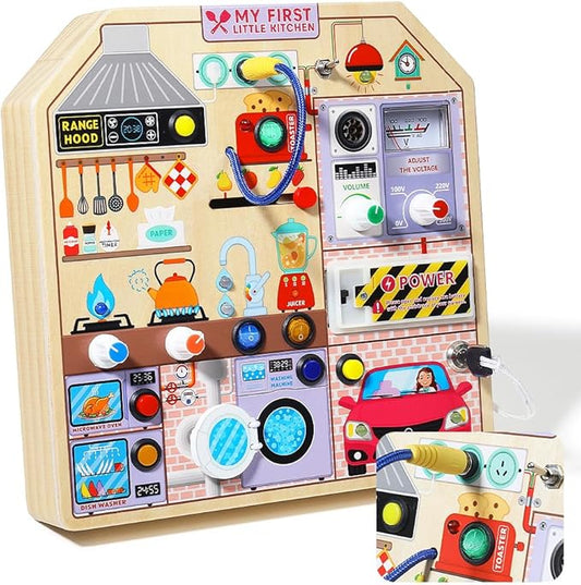 JAUNTY Kitchen Busy Board Toy for 3 4 5 Years Old, Wooden Sensory Toys Montessori 3-5 Toddler Girls Toy with Sound, Learning Kitchen Toys Great 1st First Birthday Gift for Girls Boys