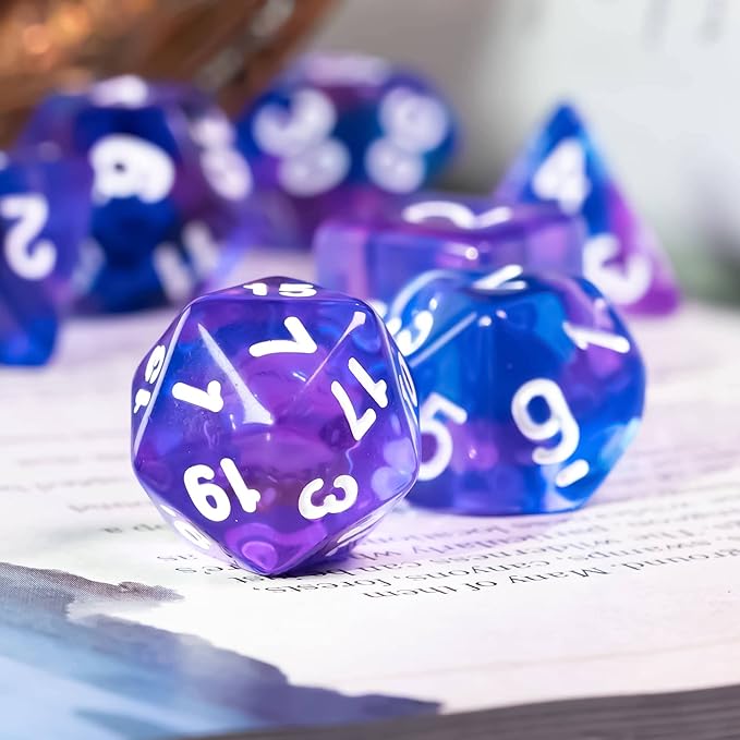 7-Die DND Dice Set Polyhedral Dice Set with a Leather Dice Bag, D&D Dice Set for Dungeons and Dragons, RPG, MTG Table Games (T/Purple Blue)