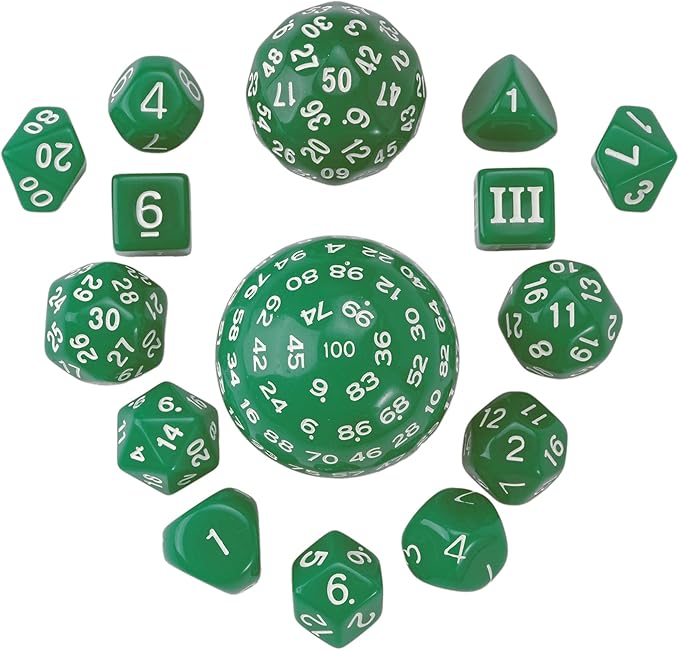 15 Pieces Complete Polyhedral DND Dice Set D3-D100 Spherical D&D Dice Set with Dragon Eye Dice Bag, D100 Dice for Dungeons and Dragons, RPG, MTG Table Games(Green w/White Numbers)