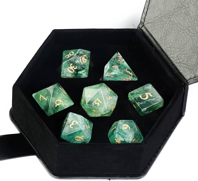 UDIXI Natural Gemstone Dice Set 7PCS Green Fluorite Crystal Stone DND Dice with Gift Case for Dungeons and Dragons Role Playing Games and Other Tabletop Games