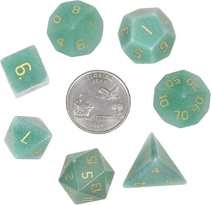TUMBEELLUWA Engraved Crystal Stone Polyhedral Dice Set for RPG MTG Dungeons and Dragons Table Game 7 Pieces DND Board Game Dices with Pouch, Green Aventurine