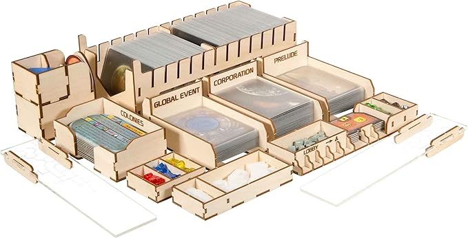 The Broken Token Terraforming Mars Compatible Expansions Game Organizer - Wood Storage Box with Multiple Trays & Card Shoe - Wooden Game Organizer