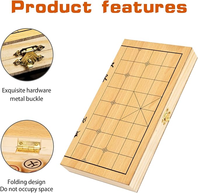 Chinese Chess,11.4 Inch Wooden Foldable Chinese Chess Xiangqi with Wooden Chess Pieces Traditional Classic Educational Strategy Games Travel Folding Board Set for Teens Adults
