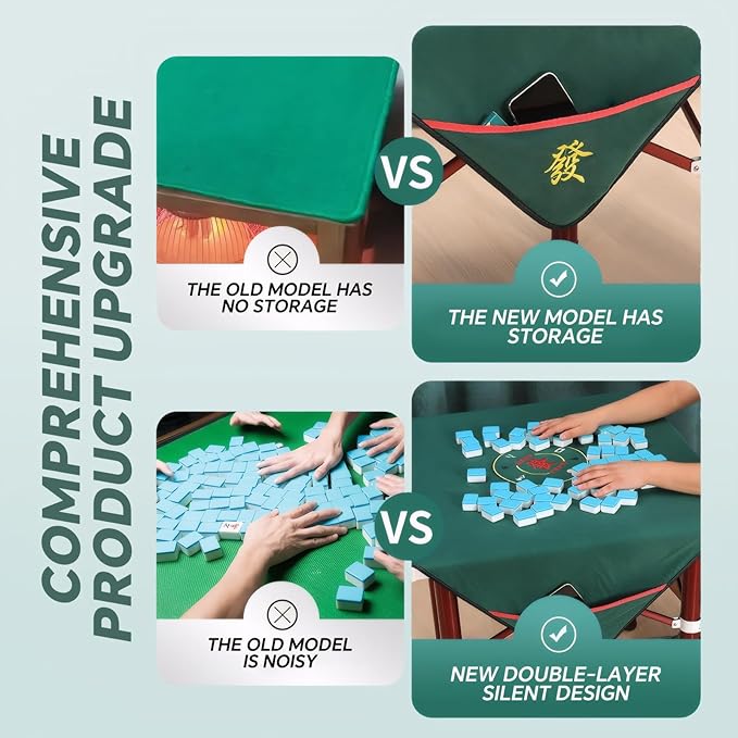 Mahjong mat,a large-sized handmade embroidered mahjong mat,suitable for poker,board games,card games,dominoes,and other games.It is a noise-reducing and anti-slip mahjong mat (43.3x43.3 inches green)