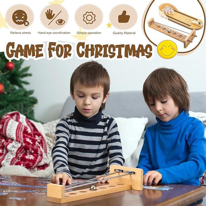 Deekin 2 Set Desktop Shoot The Moon Game Table Top Mini Bowling Game Set Classic Steel Ball Wooden Tabletop Games Wooden Board Mini Arcade Table Games Bowling Set Gag Gifts for Adult Teen Office Desk