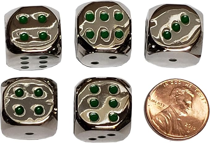 Set of (5) Solid Zinc Alloy Metal Polished Finish 16mm Dice, Rounded Corners with Black Velvet Cloth Pouch