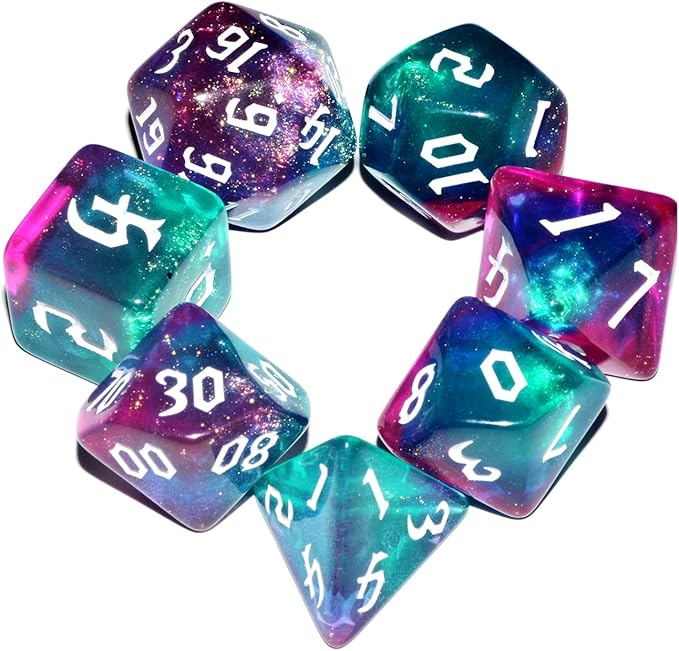 Galaxy Dice Set| Dark Green Mix Purple Crystal DND Dice Set for Board Game