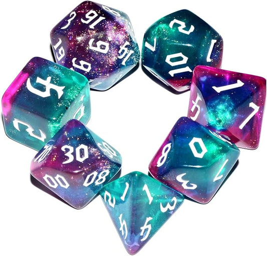 Galaxy Dice Set| Dark Green Mix Purple Crystal DND Dice Set for Board Game