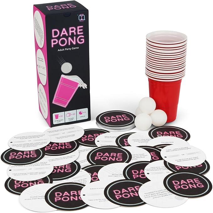 Dare Pong - Drinking Game for Adults, Bachelorette Party Games, Adult Party Games - Full Beer Pong Set and 50 Coasters with Dares - Perfect for White Elephant Gifts for Adults, Couples Games