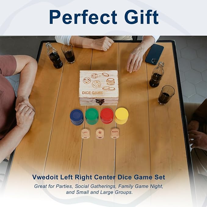 Left Right Center Dice Game Set, 3 1-inch Wood Dice and 48 Thicker Chips in Wooden Storage Box, Portable Travel Dice Games for Family & Friends, White