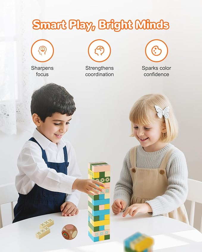 Wooden Tumble Tower Stacking Game for Kids & Adults – Fast-Paced Fun Family Night Puzzle Board Game, Match Challenge with Building Blocks for Party or Classroom Games