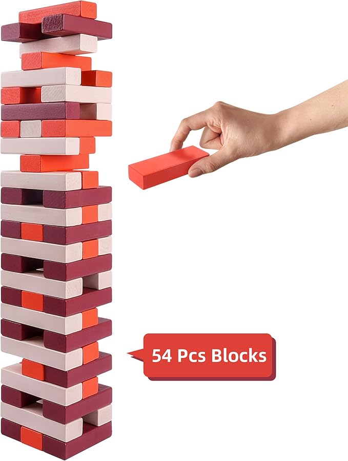 GOTHINK Wooden Blocks Stacking Board Games, 54PCS Classic Tumbling Stacking Blocks Game for Kids and Families, Wood Building Balancing Blocks Montessori Toys Gift Set for Kids Boys Girls
