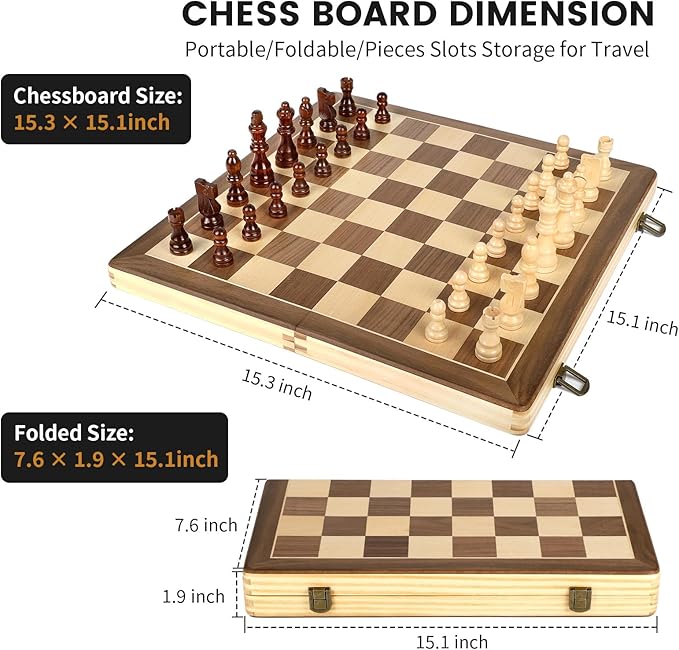 LEAP Magnetic Wooden Chess Sets 15 inch Foldable Chess Board 3 inch King Height Chess Pieces Travel Chess Sets, Chess Board Set with 2 Extra Pieces and Storage Slots for Beginer, Adults