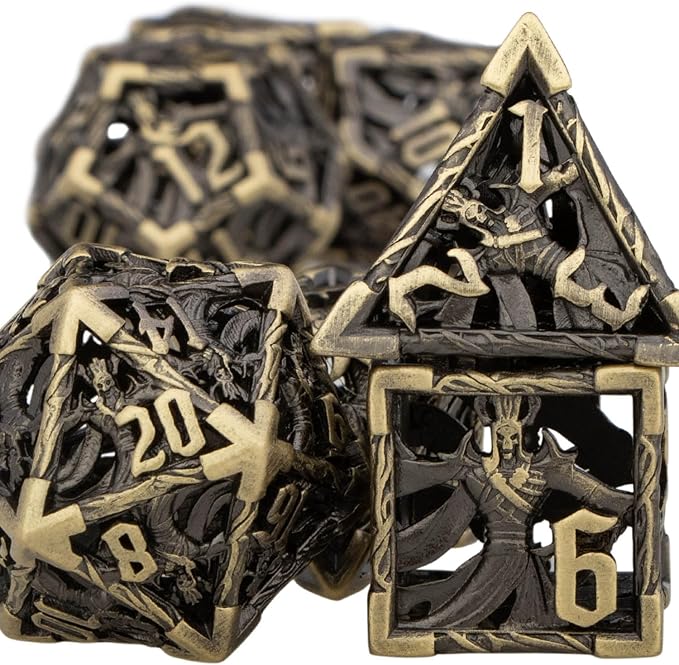 Hollow DND Dice Set Metal Wizard Dice with Box, 7pcs Bronze Polyhedral D and D Dice for use with D&D RPG Tabletop Games Role Playing Game