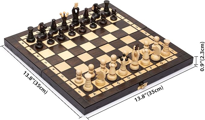 Husaria European International Chess Wooden Game Set, King's Continental - 13.8 Inches Medium Size Chess Set with Handcrafted Chessmen and Felted Folding Board