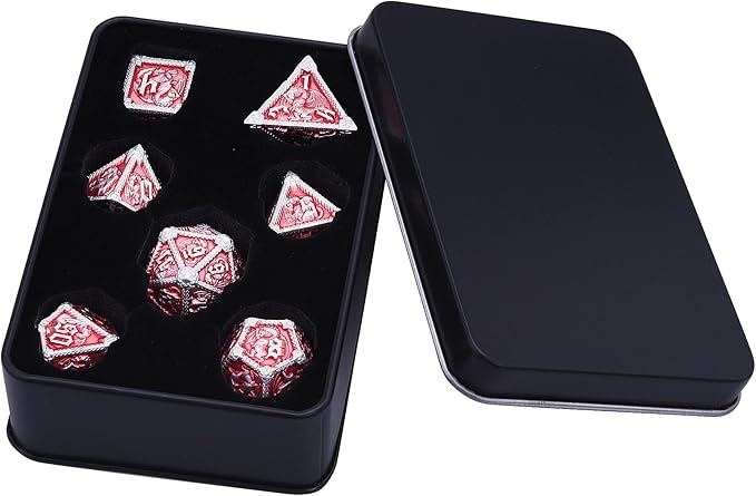 AUSTOR 7-Die Metal DND Dice Set Dungeons and Dragons Polyhedral Roll Playing Dice with Box D20 D12 D10 D% D8 D6 D4 for Pathfinder MTG RPG Board Games
