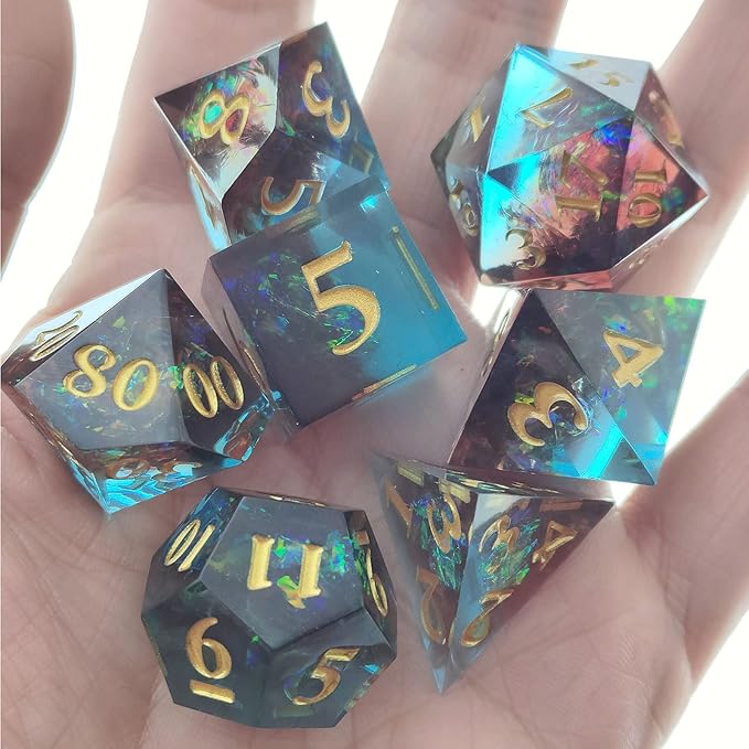 D&D DND Resin dice Set, RPG Sharp dice Handmade polyhedral dice Set with Beautiful connotations, Suitable for Role-Playing Board Game Dungeons & Dragons 7PC Digital Free Black Storage Bag Brown Blue