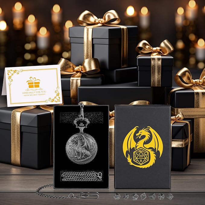 Mini DND Dice Set with Steampunk Dragon Pocket Watch Case, Tiny 7-Piece Polyhedral Metal D&D Dice, DND Gifts with Gift Box for DND Lovers, Role Playing Game Board Game Accessories Dice, Dark Silver