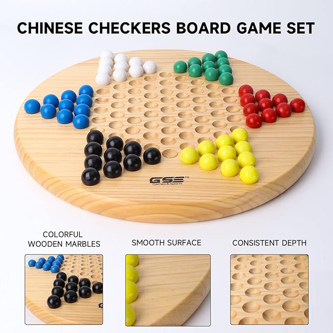 GSE Games & Sports Expert 11.5" Natural Wood Chinese Checkers Board Game Set with 66 Colorful Wooden Marbles, Classic Strategy Family Board Game for Kids & Adults