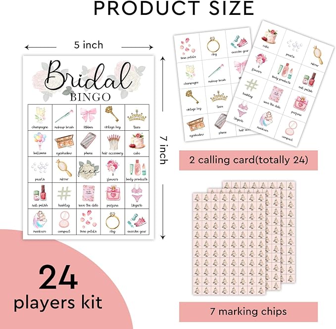 Bridal Shower Bingo Card Set - 24 Players, Wedding Shower Bachelorette Party Activities for Family Friends, Bingo Game Engagement Party Favor Supplies, for Adult Teen -10