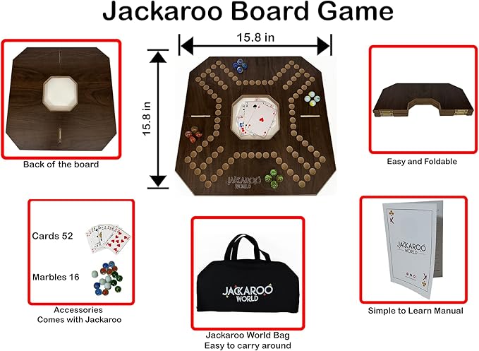 Jackaroo Board Game - 2-4 Player Marbles Strategy Game - Marble Chase Game - Carbles Board Game with Cards - Jokers and Marbles board game - Wahoo Wooden Board Foldable and Open in The Middle (Walnut)
