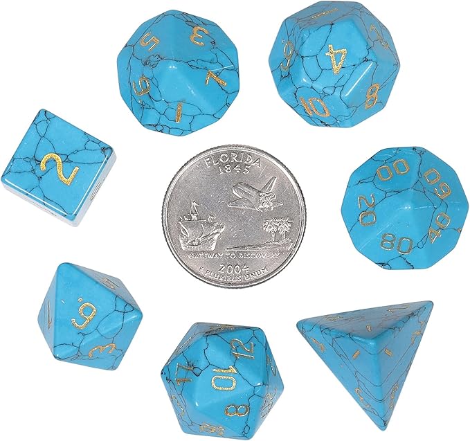 TUMBEELLUWA Engraved Crystal Stone Polyhedral Dice Set for RPG MTG Dungeons and Dragons Table Game 7 Pieces DND Board Game Dices with Pouch, Blue Howlite Turquoise