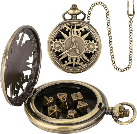 Mini DND Dice Set with Bronze Steampunk Hollow Pocket Watch Shell Case, 7pcs Polyhedral Metal D&D Dice Set, DND Gifts with Gift Box, Role Playing Board Games DND Accessories