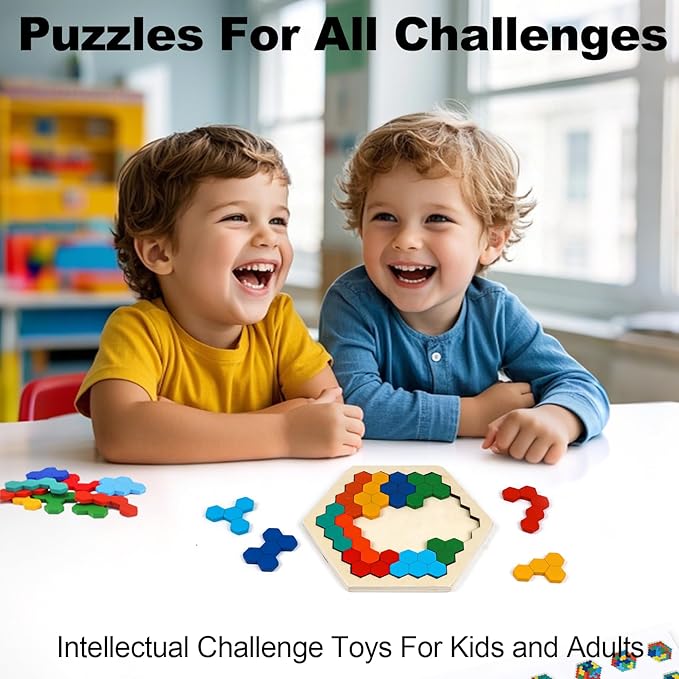 Wooden Puzzles for Kids,Brain Teaser Puzzles for Adults,STEM Montessori Educational Hexagon Puzzles Block Family Games Birthday Easter Gift for All Ages Challenge