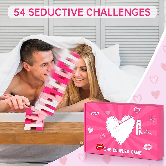 54 Pink & White Wooden Blocks with 6 DIY Challenges, Romantic Stacking Tower for Couples Game Date Night, Valentine Wedding