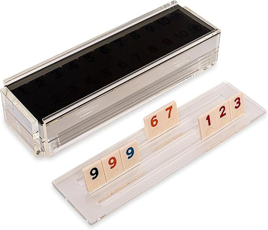 Luxury Rummy Tile Set Game in Handmade Acrylic Case with 4 Racks Included (Smoke)