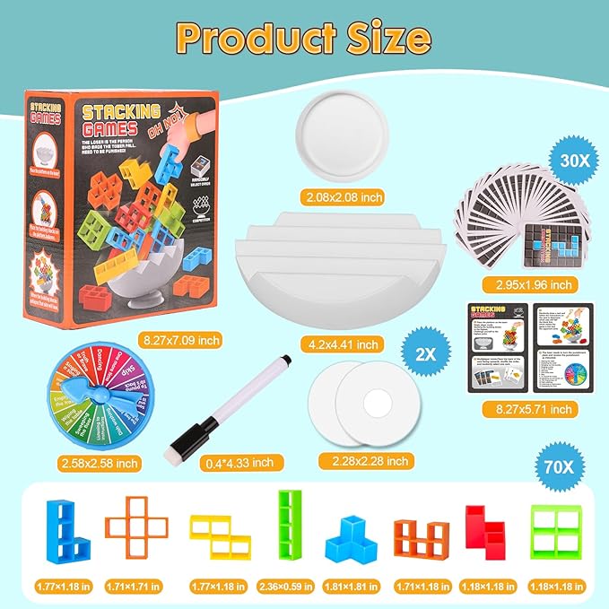 Tetra Tower Stack Game, Balance Stacking Blocks Board Games for Kids & Adults, Fun for Classroom, Dorm, Party (70pcs)