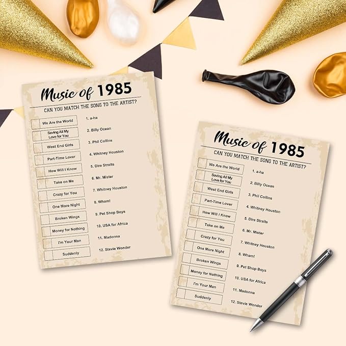 QUPT 40th Birthday Party Games, Music of 1985 Games, Birthday Party Supplies for Adults, Fun 1985s Party Game，Pack of 30 Cards