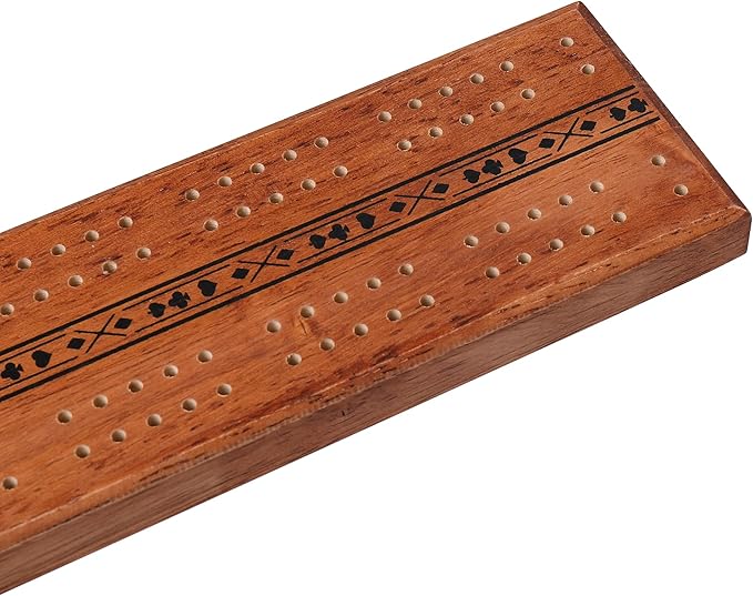 STERLING Games Wooden Cribbage 12 inch Double Track Cribbage Board Playing Cards Included, Wood Burnt Unique Poker Design Cribbage Board for 2 Persons