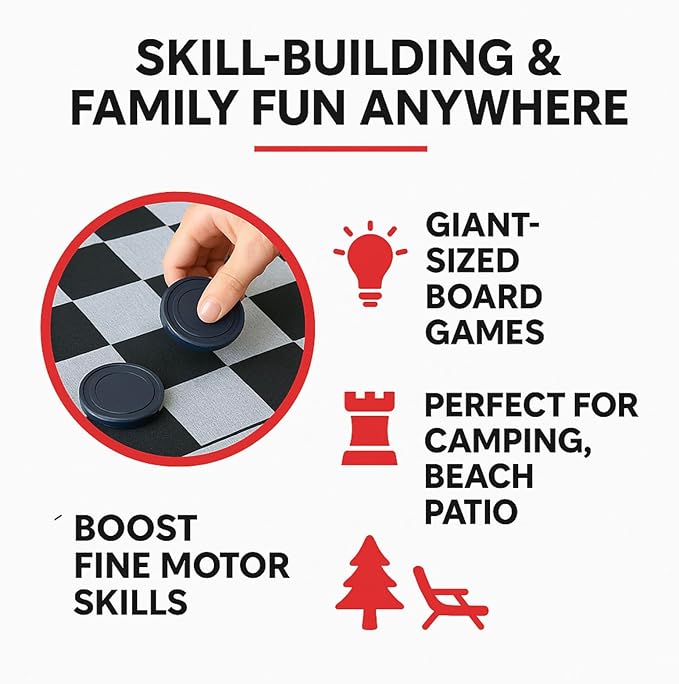 Bolaball 3-in-1 Giant Checkers, Tic Tac Toe Jumbo Game, 26"x26", Reversible Carpet, Indoor Outdoor Yard Board Game for Family and Friends with 24 Chips