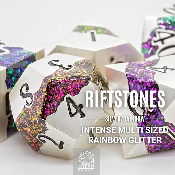 Sage's Portal Metal Riftstone DND Dice 7-PC Polyhedral Dice Set for DND TTRPG Dungeons and Dragons Pathfinder Oversized Designer Dice (Pearl Silver/Rainbow)