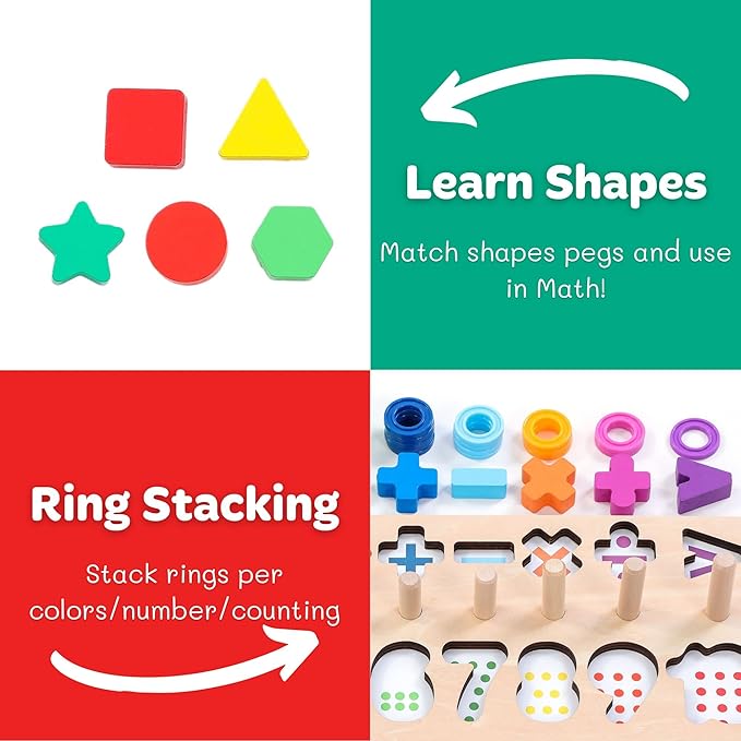 Wooden Montessori Toys for Kids Toddler Number Puzzles Sorter Counting Shape Stacker Stacking Game Preschool Toys for Boy Girl Learning Education Math Blocks 1 Year Old Girl Gifts (Rainbow)