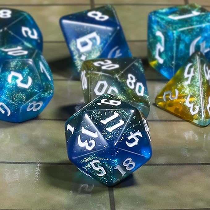CiaraQ DND Polyhedral Dice Set for Dungeons and Dragons RPG MTG Role Playing Table Games-with 1 Dice Pouch (Blue + Yellow + Glitter)