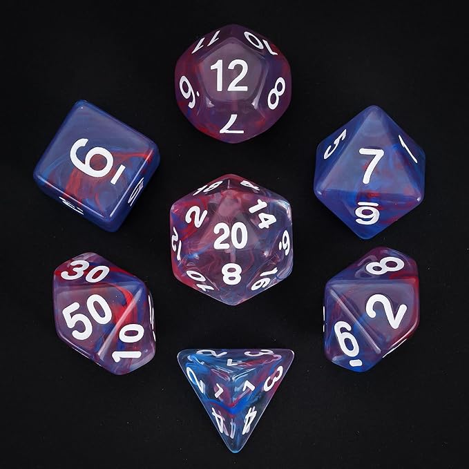 7-Die DND Dice Set Polyhedral Dice Set with a Leather Dice Bag, D&D Dice Set for Dungeons and Dragons, RPG Table Games (Transparent Blue Mix Red)