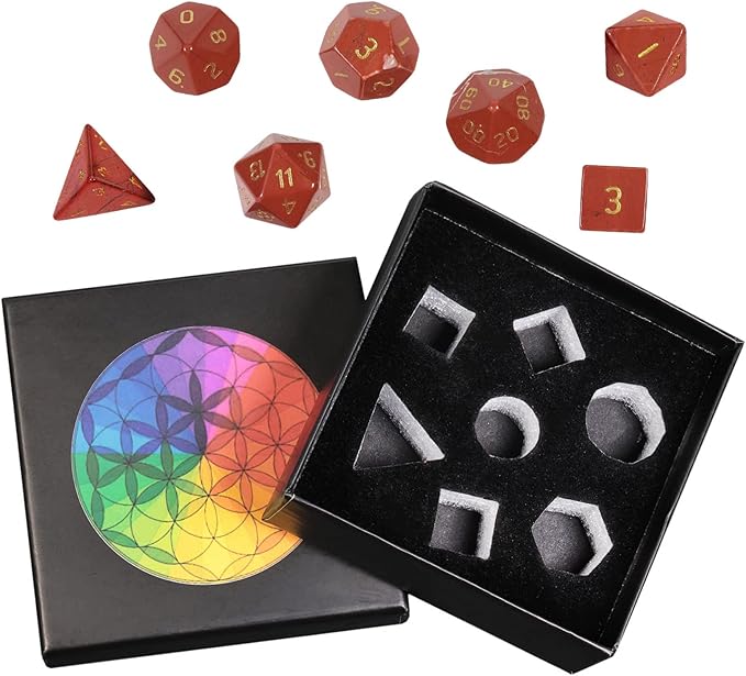 Nupuyai Healing Red Jasper Crystal D&D Polyhedral Dice Set with Box for Dungeons and Dragons, Set of 7 Table Top Game Dice for RPG MTG Roleplaying Collection
