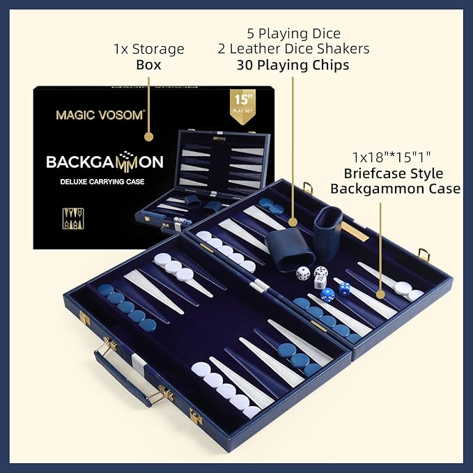 Travel Medium 15 Inch Backgammon Blue Sets Classic Board Game with Premium Leather Case, Portable Travels Strategy Backgammon Game Set for Adults, Kids (Blue, Medium)