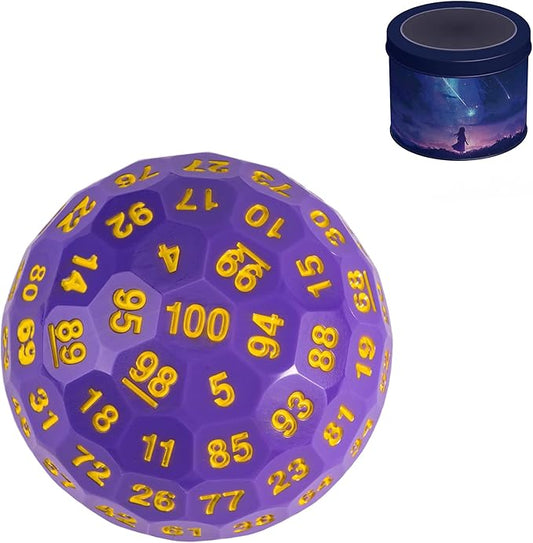 Upgraded D100 Dice, Single 100 Sided Polyhedral Dice D100 Die 50mm, D&D Dice D100 Game Dice, 100 Sided Cube with Metal Storage Tin(Purple/Yellow Font)