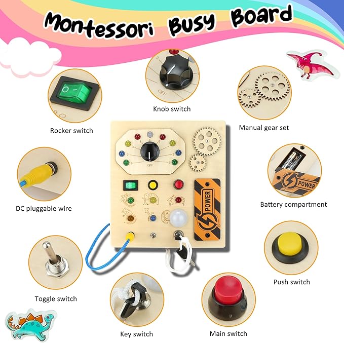 JAMIEWIN Montessori Busy Board with LED Light Switch for Toddlers 1-3, Wooden Sensory Board Travel Toys for Toddlers Baby, Montessori Toys Christmas Birthday Gifts for Boys Girls 1 + Year Old