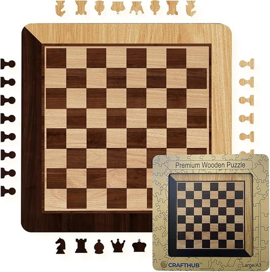 Jigsaw Puzzle, Wooden, 150-160 Piece, Puzzles for Adults & Kids, for Game Night, Adult Birthday, Camping, Durable Wood Construction, Chess Board Shape w/Chess Pieces, A3 Size 10.9"x10.9"