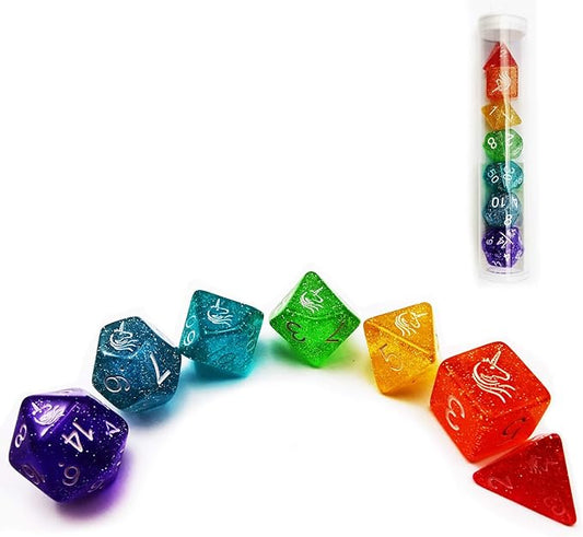 Bescon Colorful Unicorns Rainbow Sparkled Polyhedral D&D Dice Set of 7 RPG Role Playing Game Dice 7pcs Set