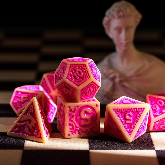 7-Die DND Dice Set New Pattern Polyhedral Dice Set with Leather Bag D&D Dice Set for Dungeons and Dragons RPG MTG Table Games(Yellow Pink)