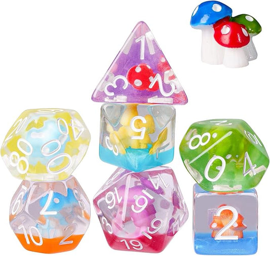 UDIXI 7-Die Mushroom D&D Dice Set, Resin DND Dice Set RPG Polyhedral Dice for Dungeons and Dragons Role Playing Games and Other Tabletop Games (Colorful)