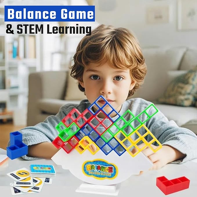 48Pcs Tower Stack Game, Tetra Tower Balance Stacking Blocks with 22 Gameplay Cards, Eco-Friendly Family Board Game for Kids & Adults, Creative STEM Learning Toy for Indoor/Outdoor Fun